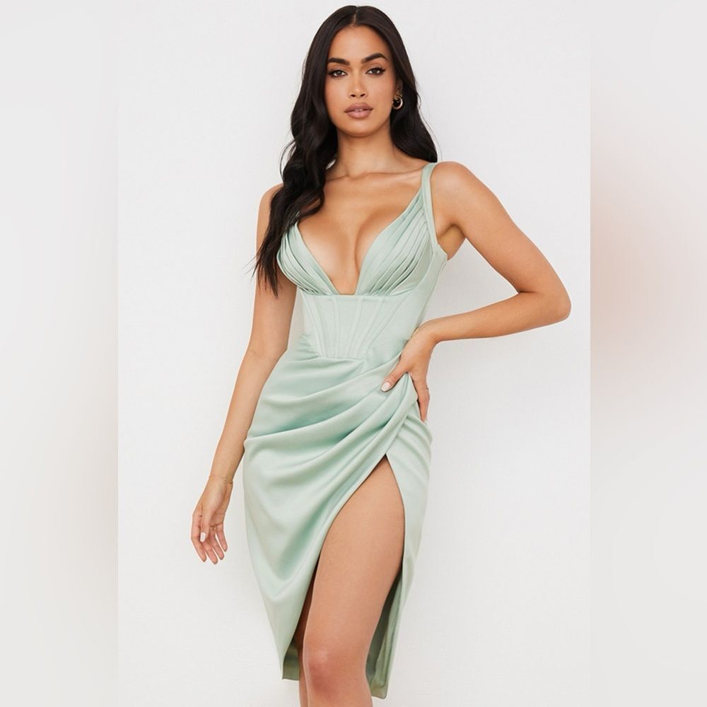 House of CB FAYE
Pistachio Satin Corset Midi Dress